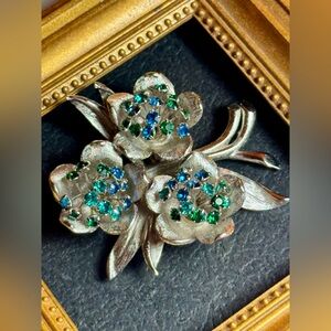 Silver Floral Brooch with Blue and Green Crystals